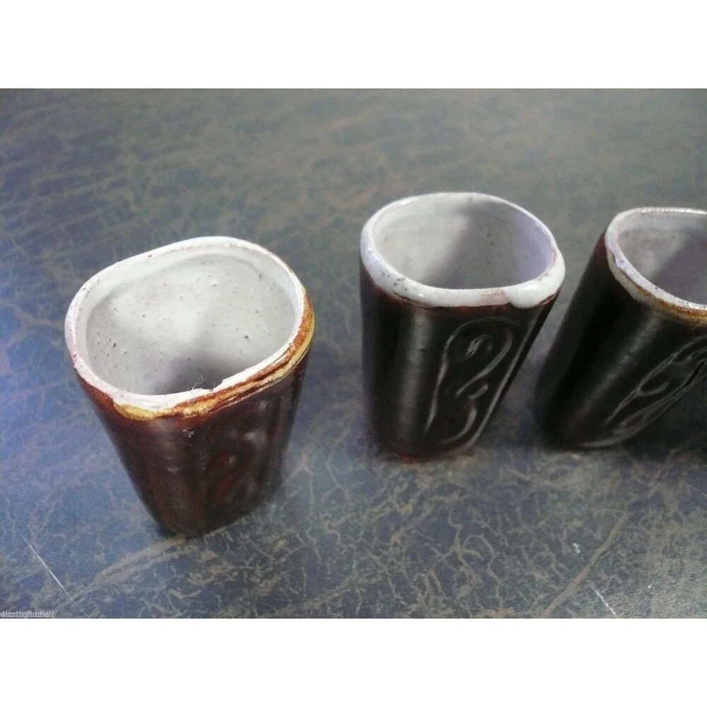 Set of 4 Central South American Small Brown Clay Pottery Shot Glasses